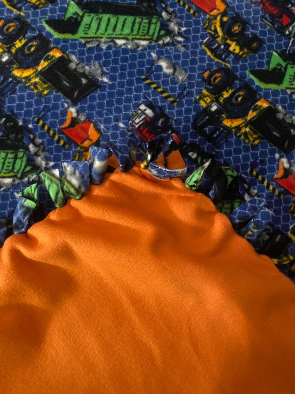 Handmade Construction Truck Fleece Blanket Blue & Orange Kids Baby, 52x43